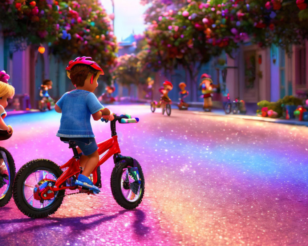 Vibrant animated scene: Children biking on magical, glowing street