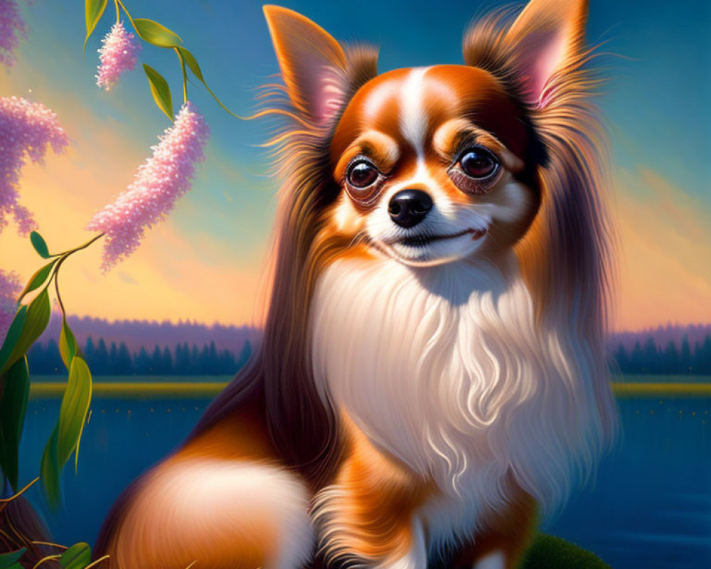 Small Chihuahua with expressive eyes near water at twilight amidst greenery and pink blooms