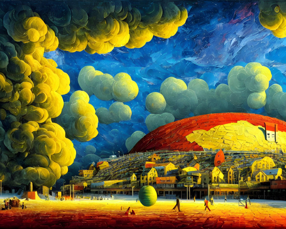 Colorful Surreal Painting of Town Under Layered Clouds