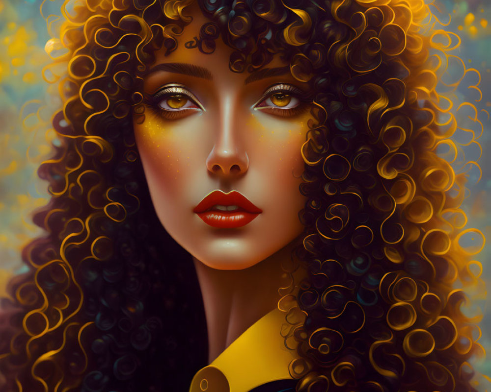 Voluminous curly hair and golden-yellow highlights on a woman's portrait