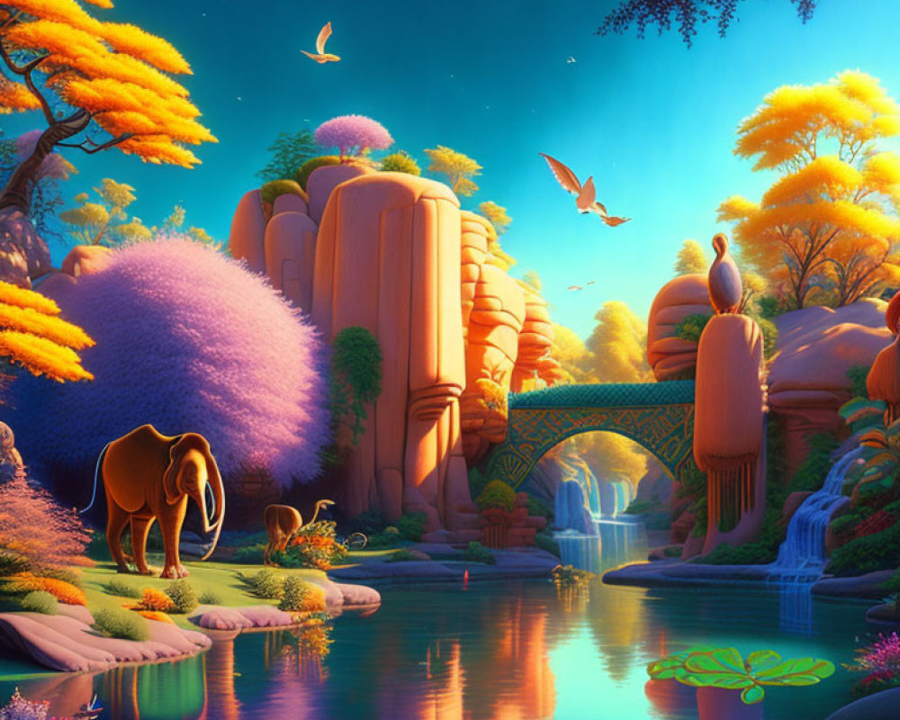 Colorful Fantasy Landscape with Elephant, River, Trees, Bridge, Waterfalls, and Birds