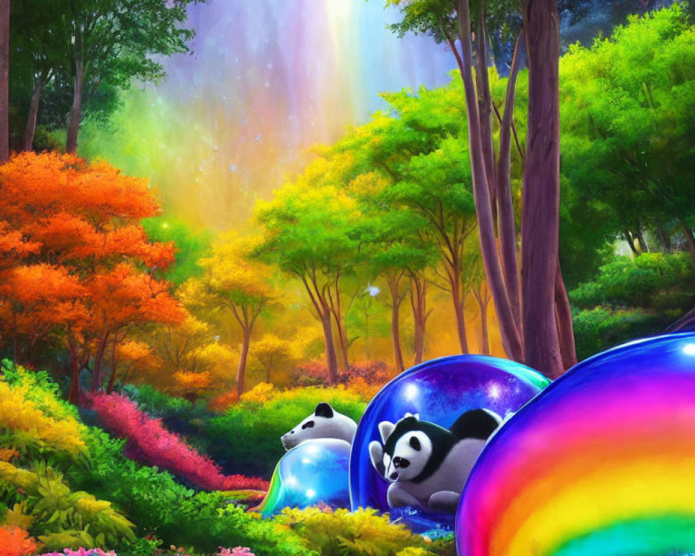 Colorful Forest with Pandas and Rainbow Light Beams