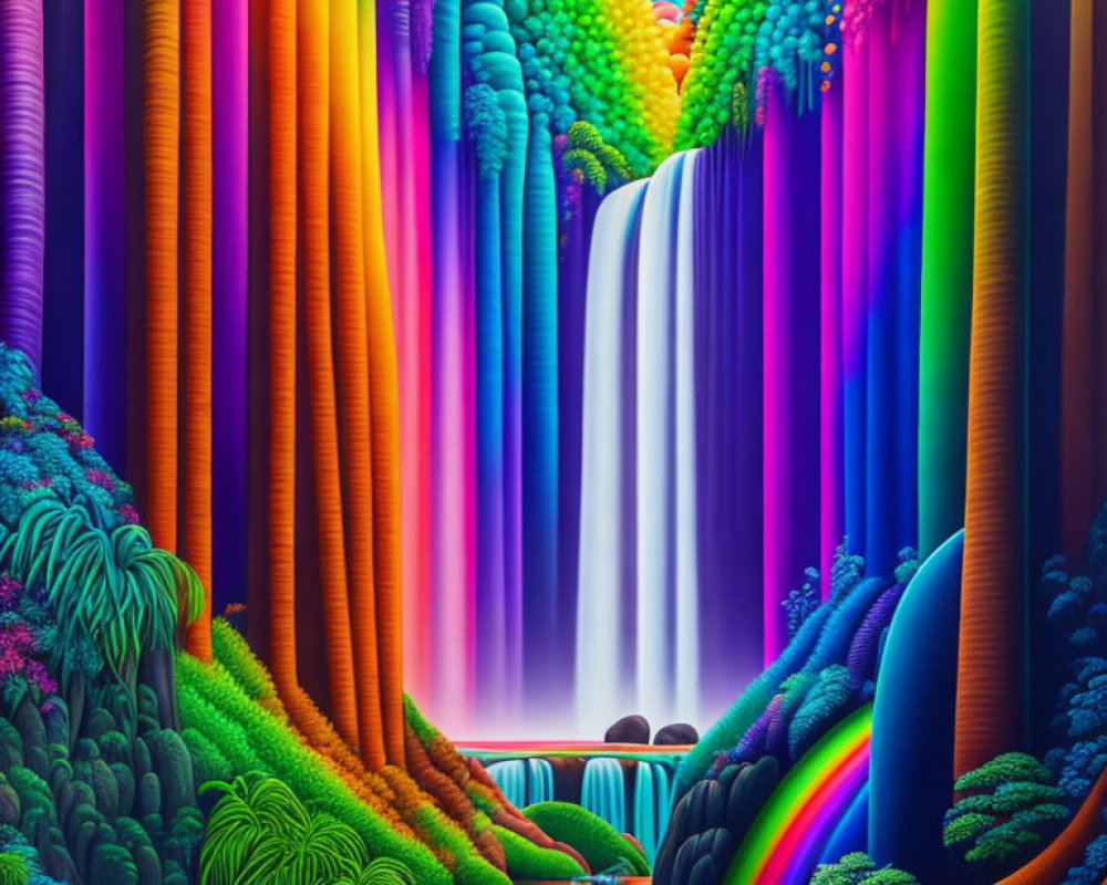 Multicolored waterfall in vibrant fantasy landscape