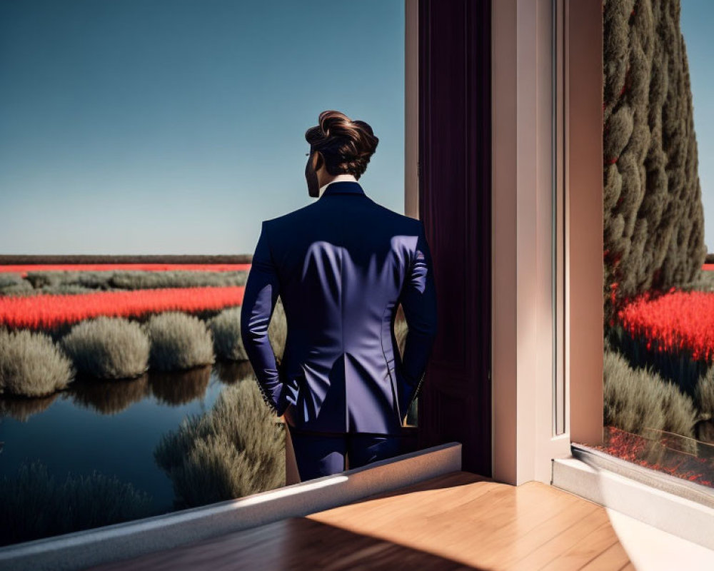 Person in Blue Suit Gazes at Scenic View of Red Flowers and Greenery