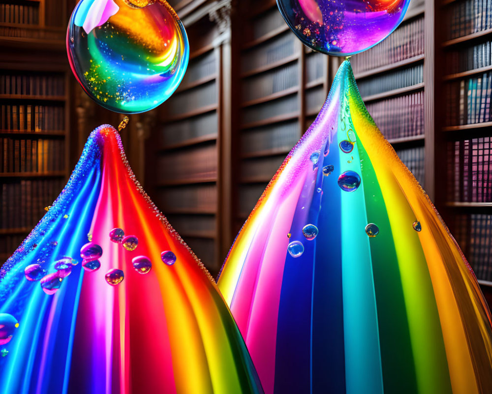 Colorful digital artwork: Two conical structures and rainbow spheres in library setting