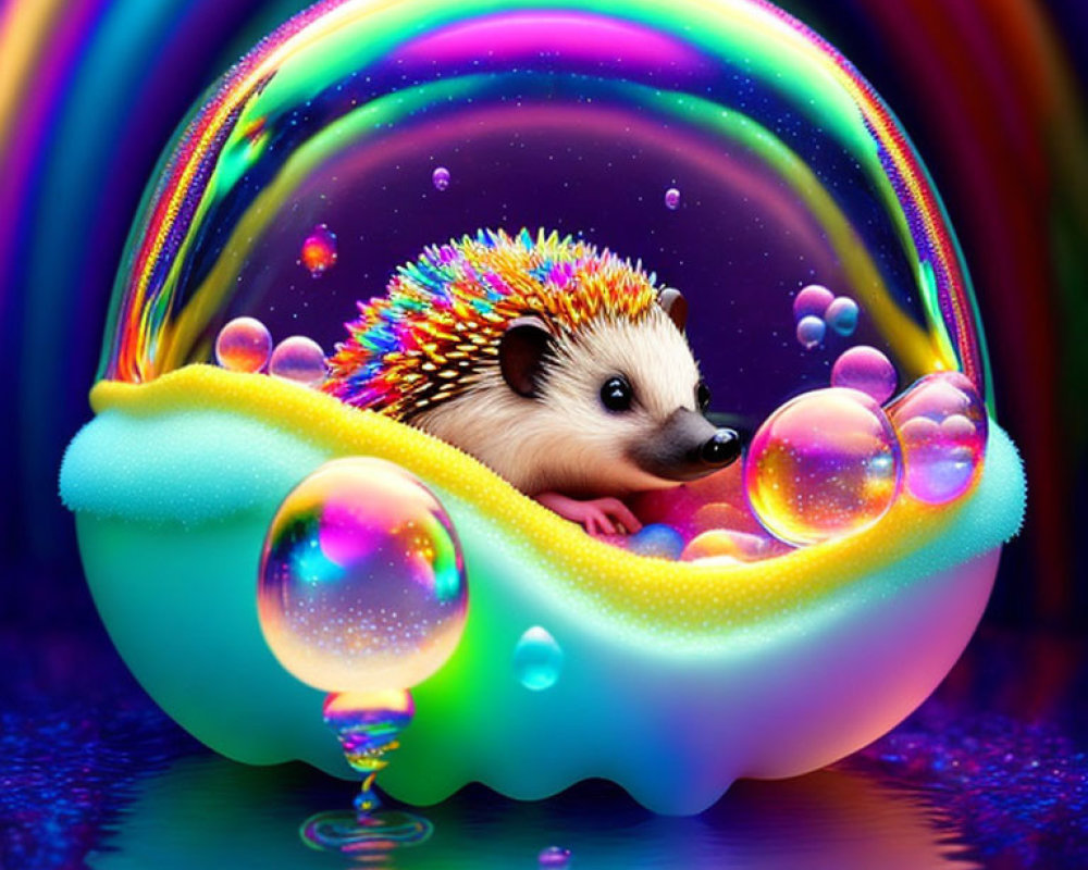 Vibrant hedgehog illustration in neon bubble sphere on rainbow surface