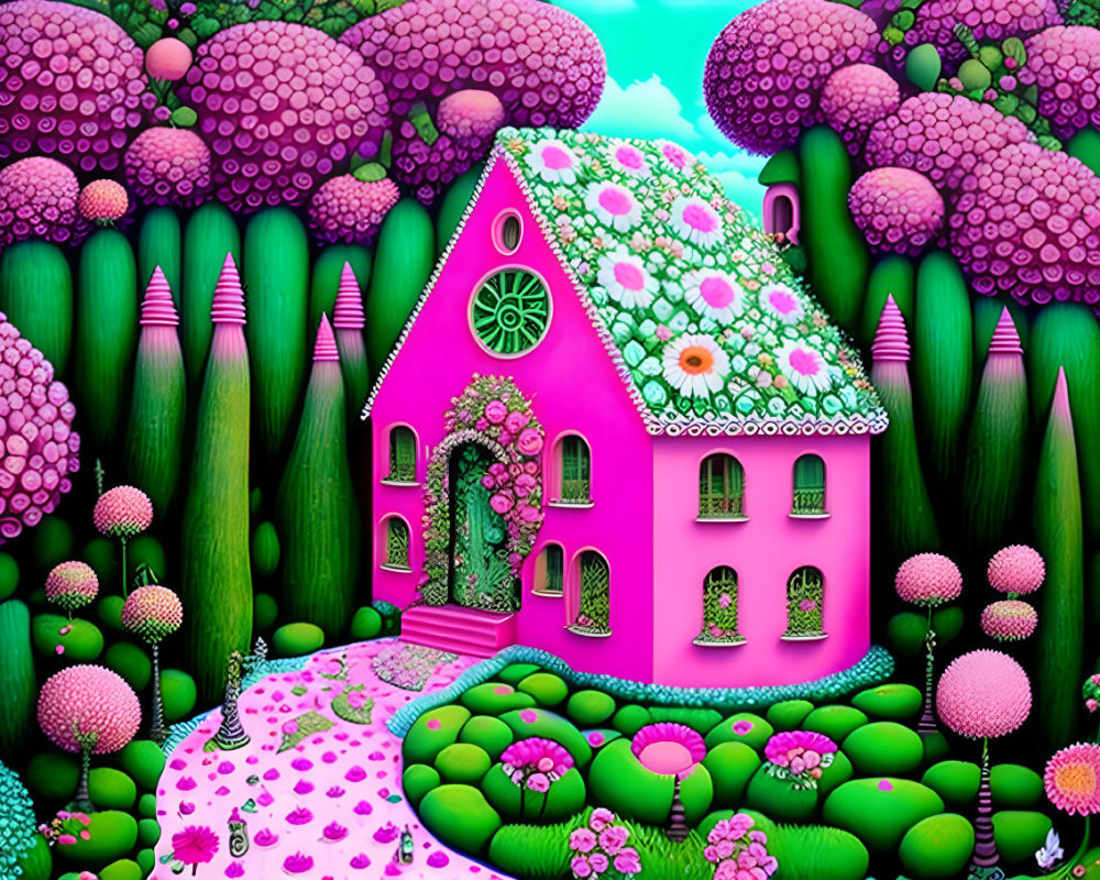 Whimsical pink house with floral roof in vibrant illustration