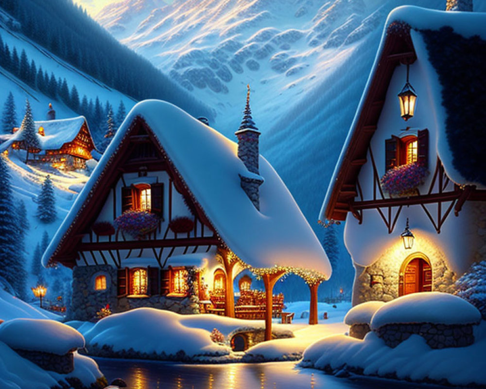 Winter scene: Snow-covered cottages by frozen river at twilight