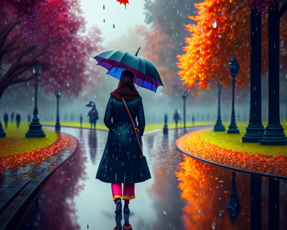 Autumn Scene: Person with Striped Umbrella by Rainy Path