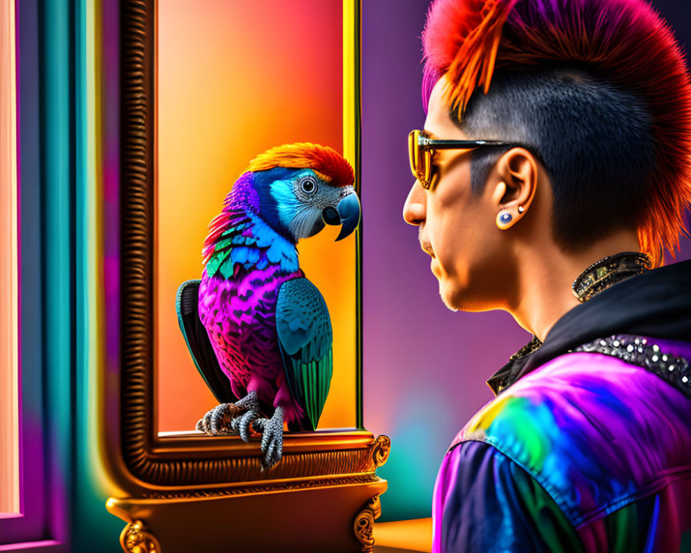 Colorful Mohawk Hairstyle Person with Vibrant Parrot on Mirror Frame