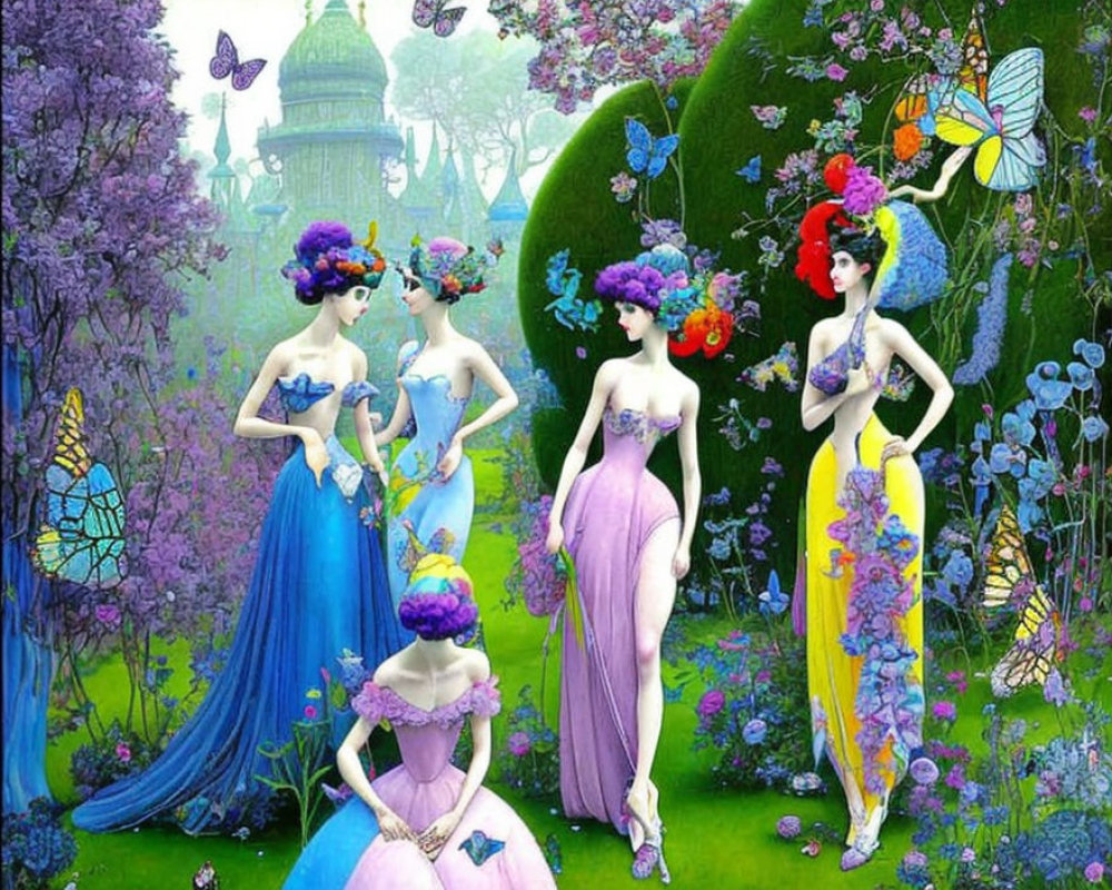 Stylized women with butterfly wings in whimsical garden setting