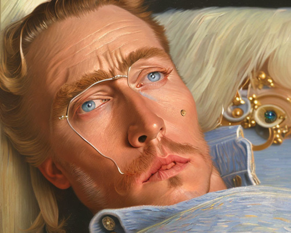 Detailed painting of a man with blond hair, golden monocle, teardrop on cheek, blue