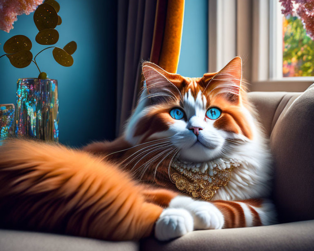 Orange and White Cat with Blue Eyes Relaxing on Sofa Near Window