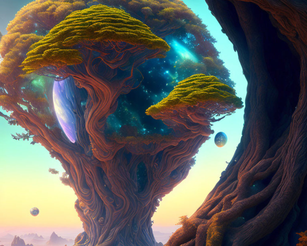 Gigantic ancient trees with galaxy-filled canopies in surreal orange landscape