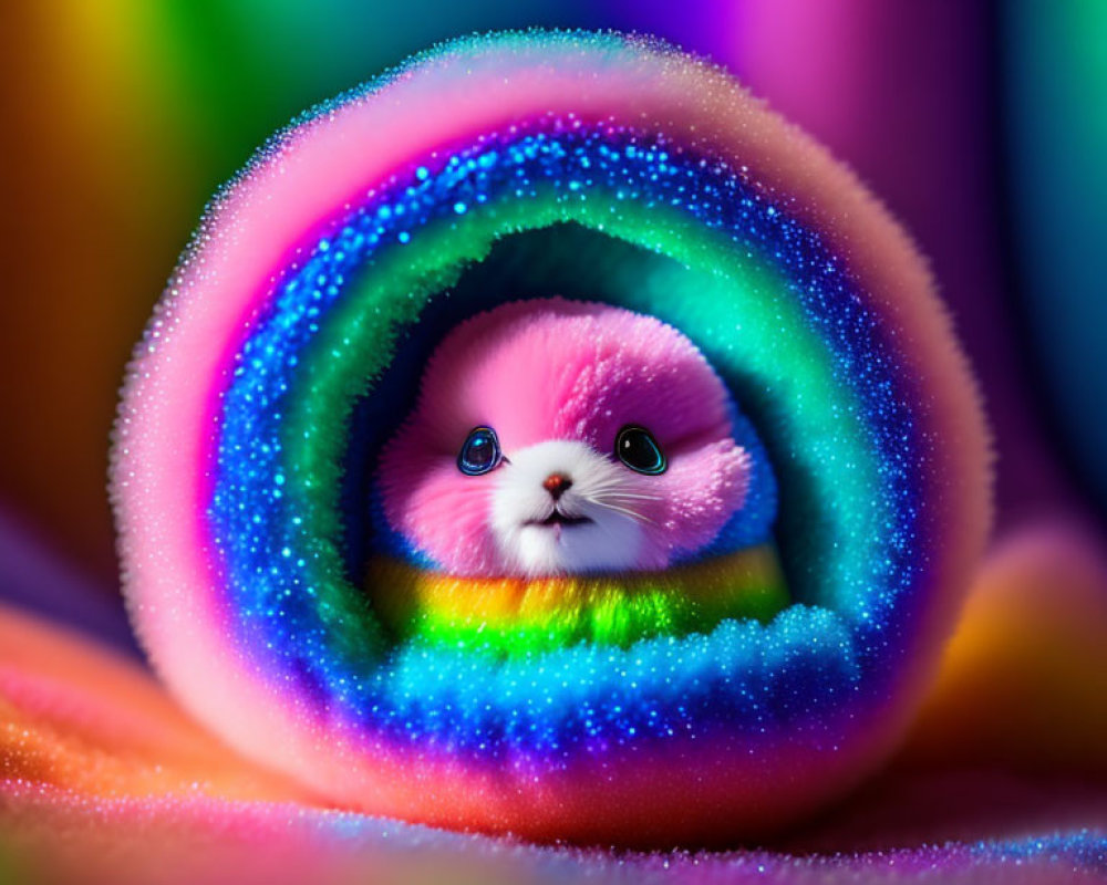 Colorful Image: Fluffy Pink Bunny in Rainbow Fabric with Dew