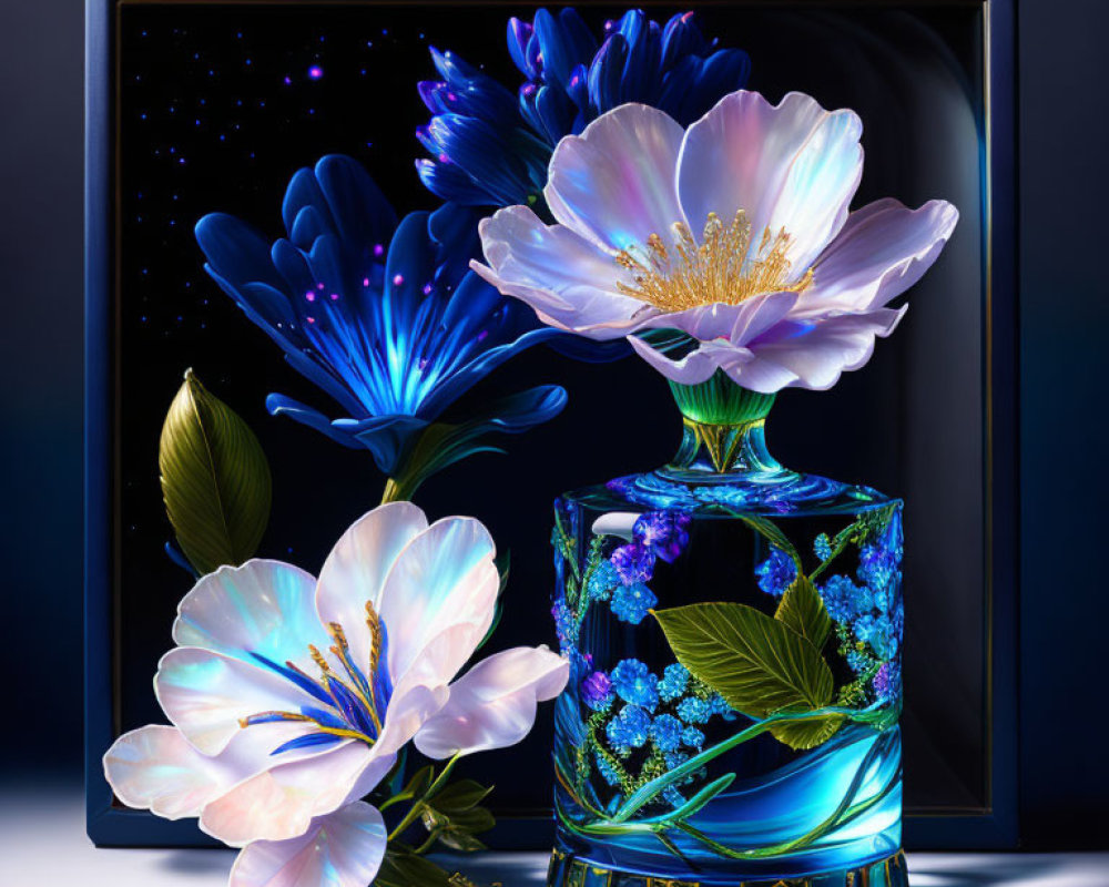 Vibrant Still Life: White Flowers, Blue Vase, Starry Background