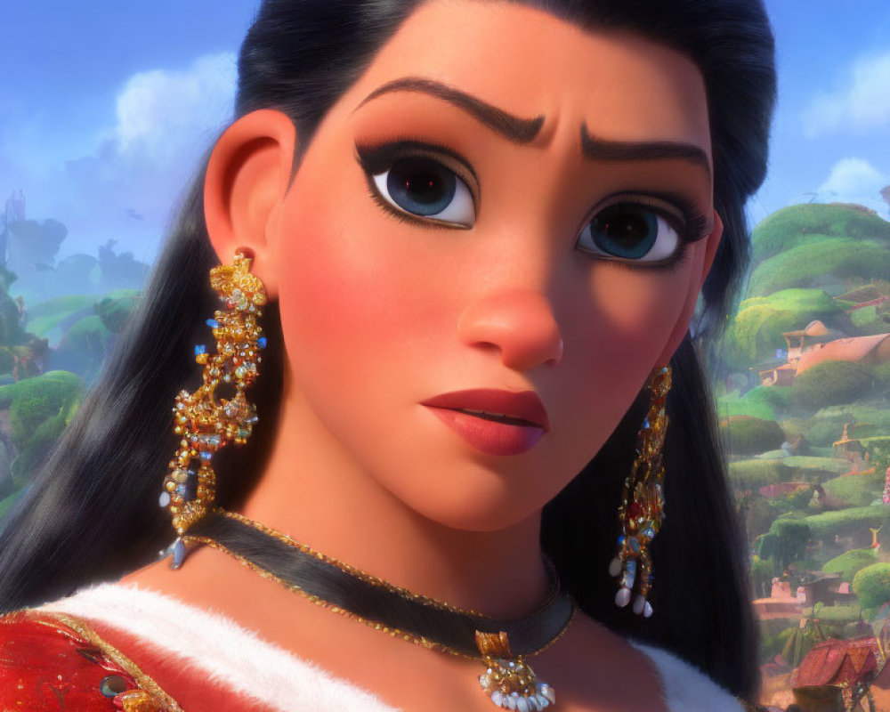 Animated female character with large eyes, gold earrings, and red outfit in pastoral scene