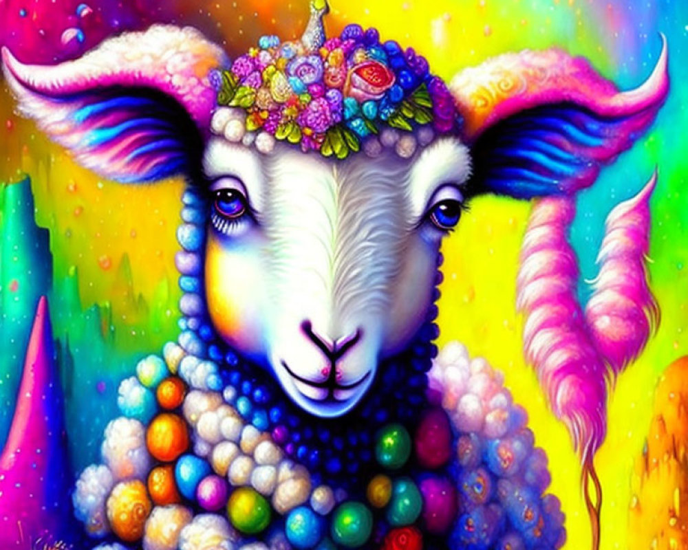 Colorful Whimsical Sheep Illustration with Cosmic Background