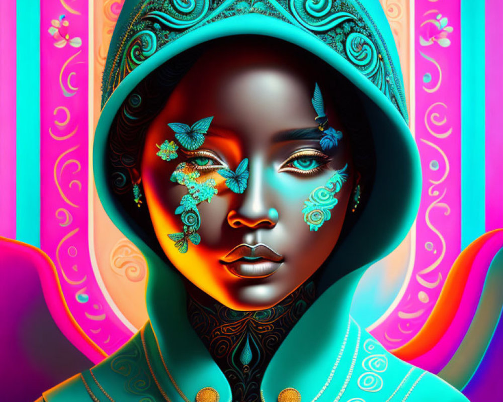 Woman with Teal Headwear and Butterflies in Psychedelic Background