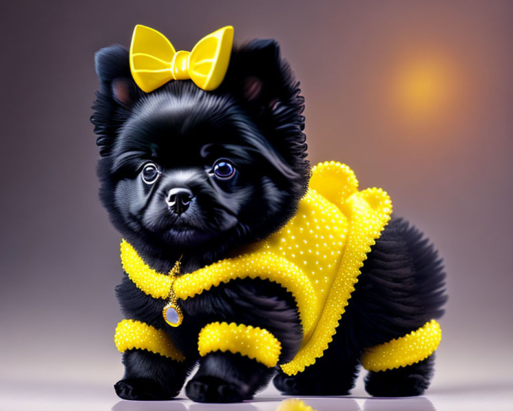 Illustrated black puppy with yellow bow and dress on reflective surface