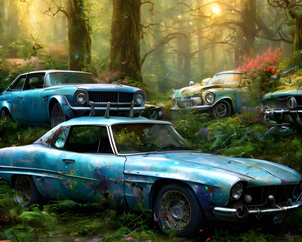 Vintage cars overtaken by vegetation in mystical forest under soft sunlight.