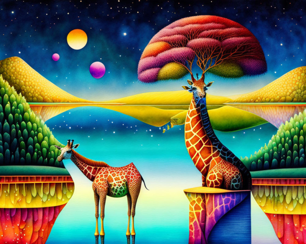 Stylized giraffes in vibrant surreal landscape