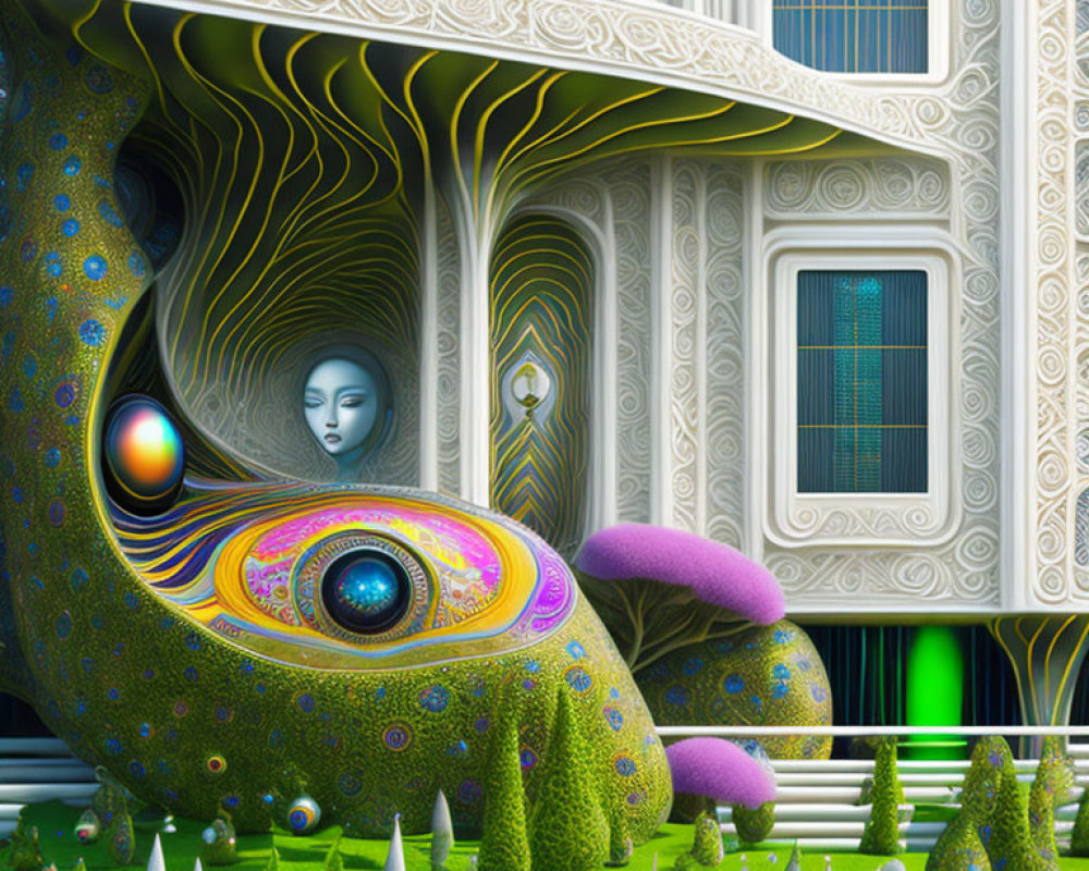 Vibrant surreal artwork: organic structure, face, colorful landscape