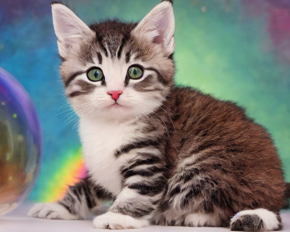 Fluffy tabby kitten with green eyes on pastel backdrop with soap bubble