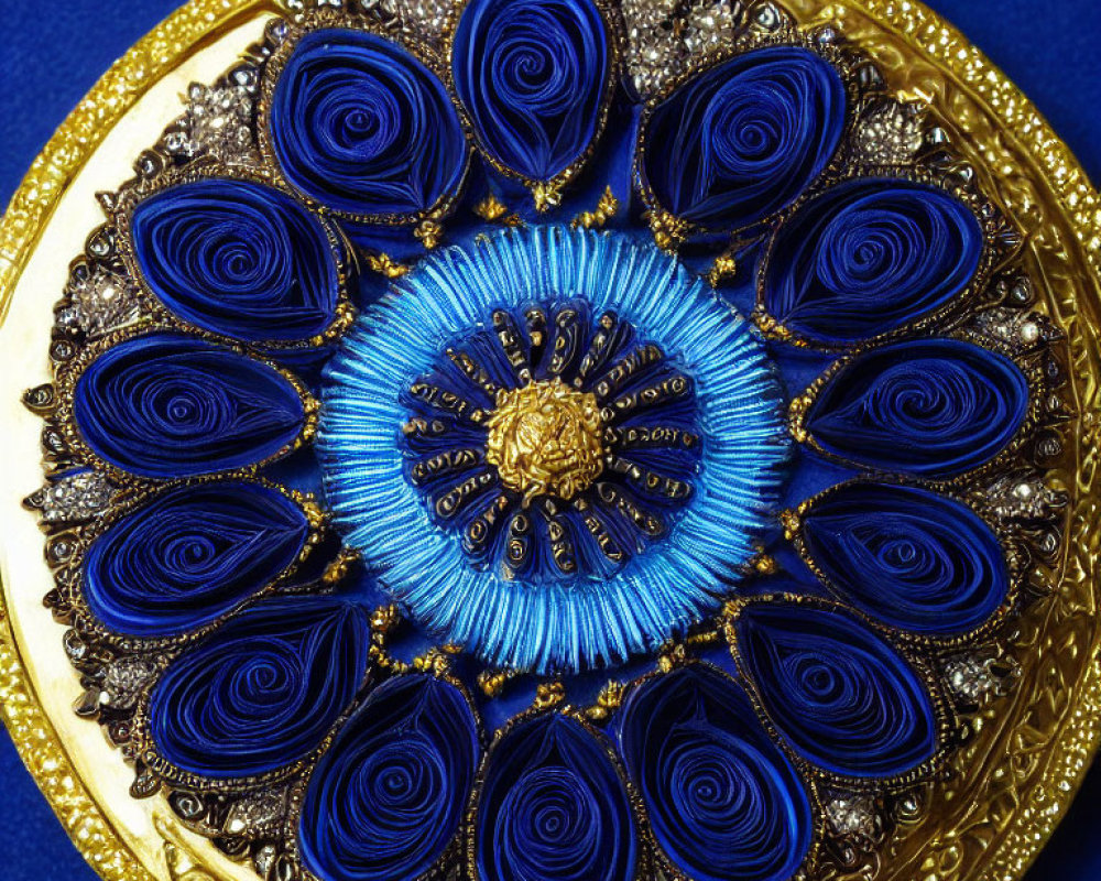 Ornate Golden Plate with Blue Floral Motif on Dark Blue Background