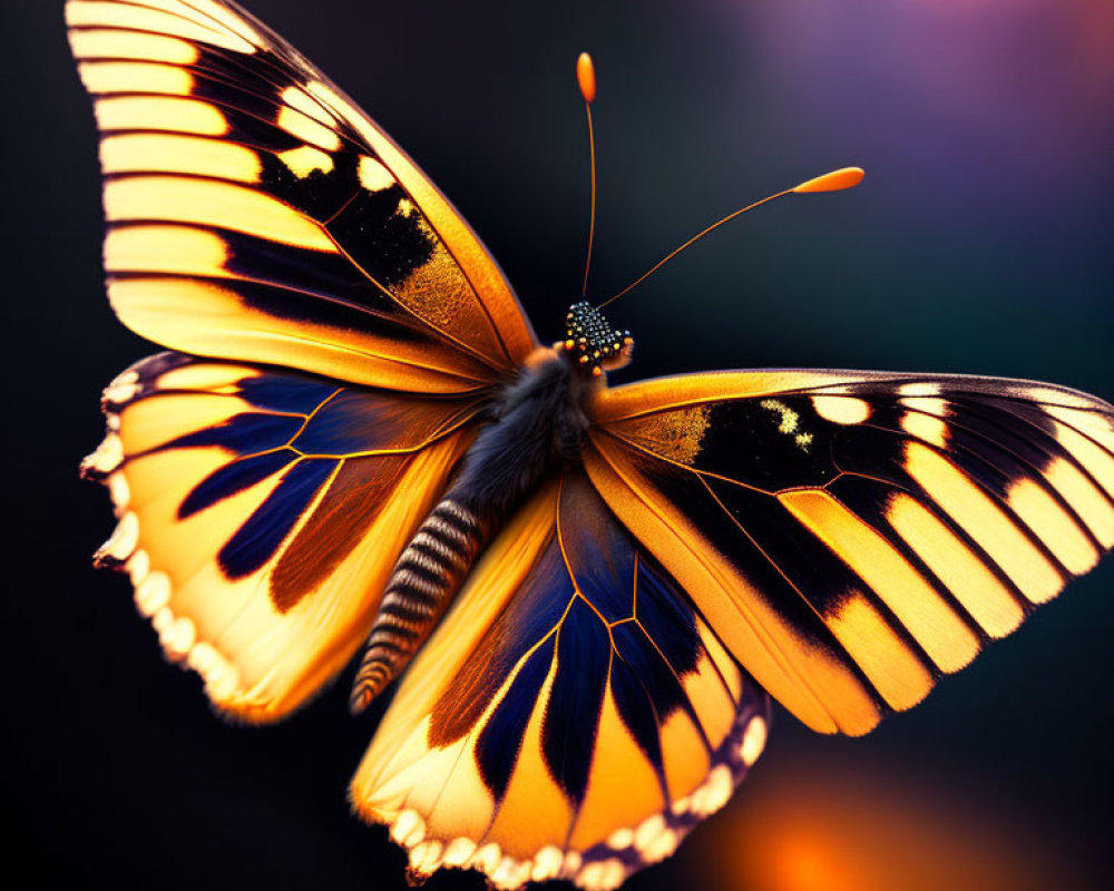 Vibrant Orange and Black Butterfly with Spread Wings on Blurred Background