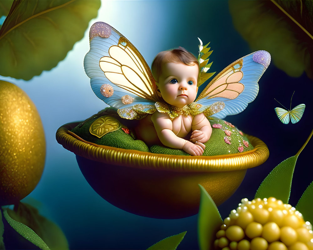 Baby with butterfly wings in golden fruit surrounded by vibrant nature and small butterfly