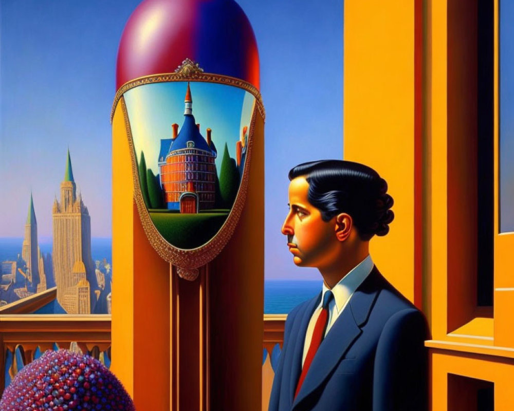 Man in profile with spherical mirror reflecting classical building and sharp architectural lines against clear blue sky