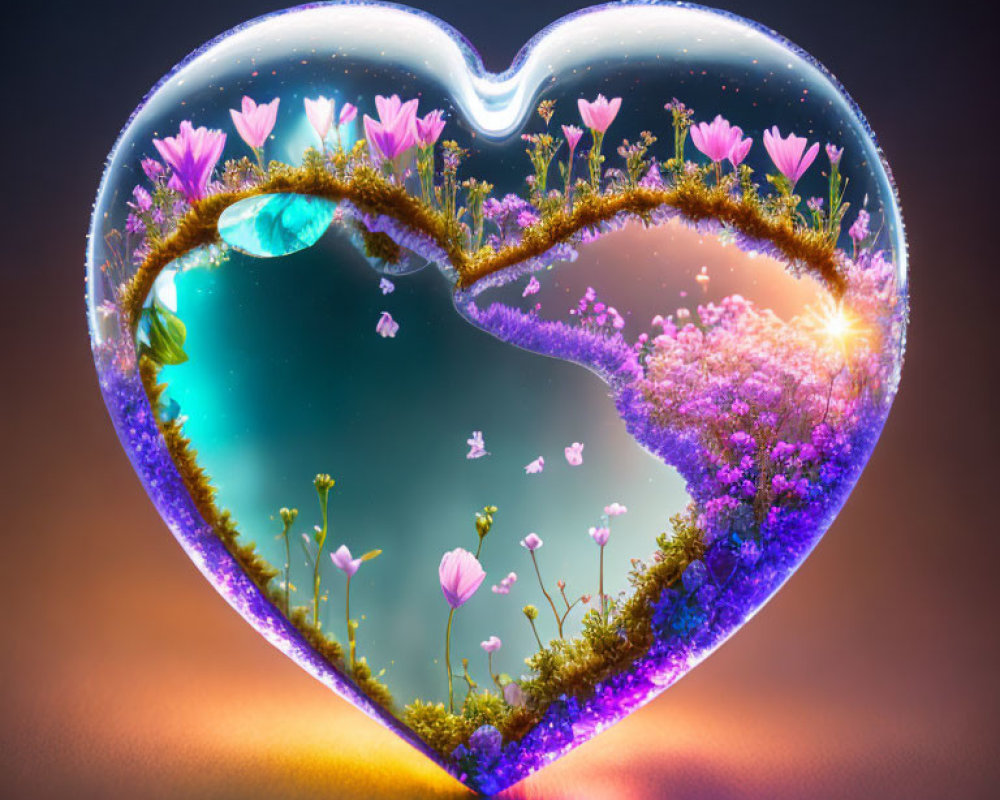 Heart-shaped nature scene illustration with vibrant flowers and greenery in a glowing border