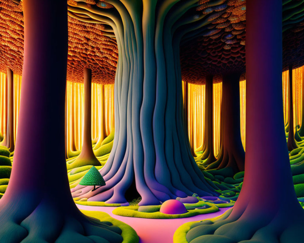 Colorful Surreal Forest with Oversized Mushrooms and Textured Trees