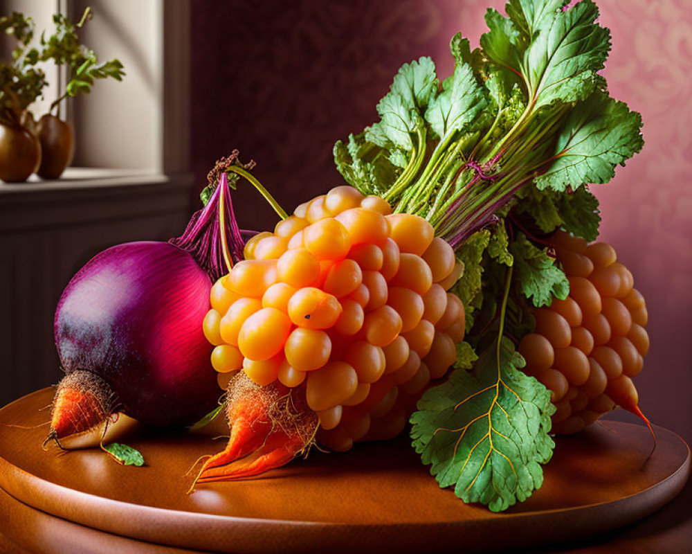 Vibrant still life with grapes, red onion, and carrots on wooden table