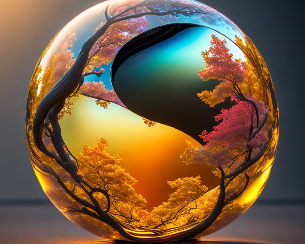 Spherical digital artwork with yin-yang design and autumn trees on gradient