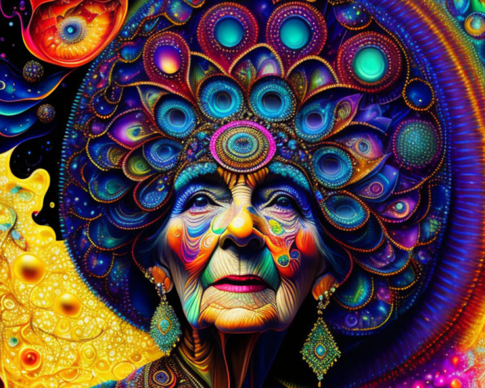 Colorful Psychedelic Portrait of Elderly Woman with Abstract Designs