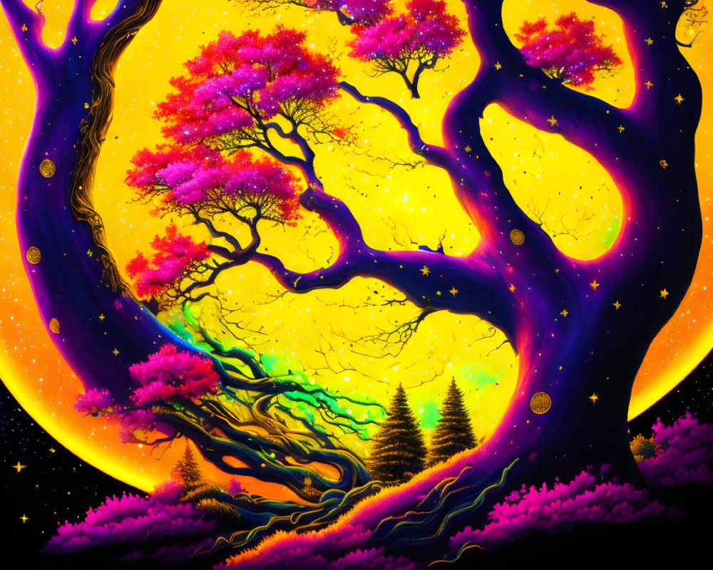 Colorful cosmic tree art with vibrant pink leaves and purple bark in star-filled sky.