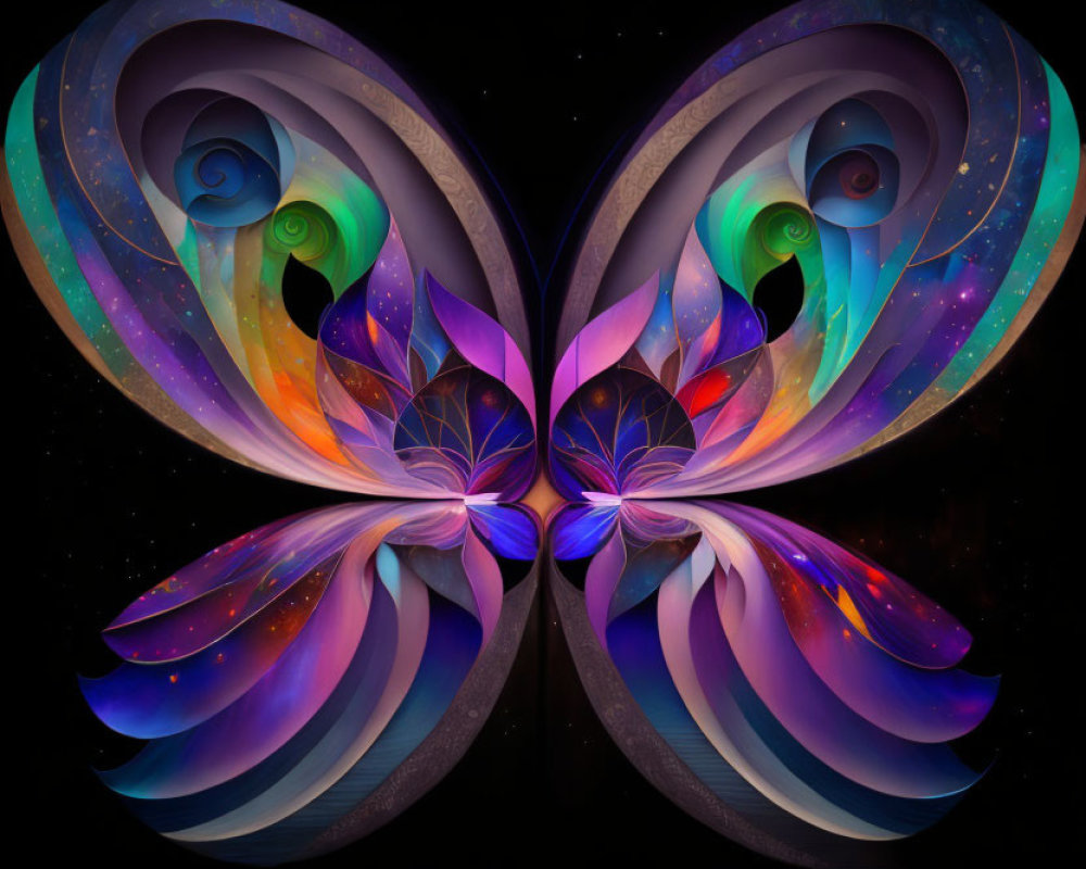 Colorful fractal art: Butterfly-like patterns in purple, blue, and green on starry night