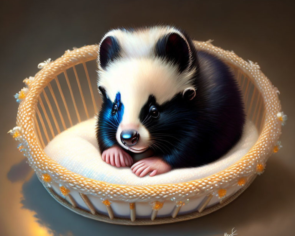 Illustrated skunk in basket with blue eyes and yellow flowers