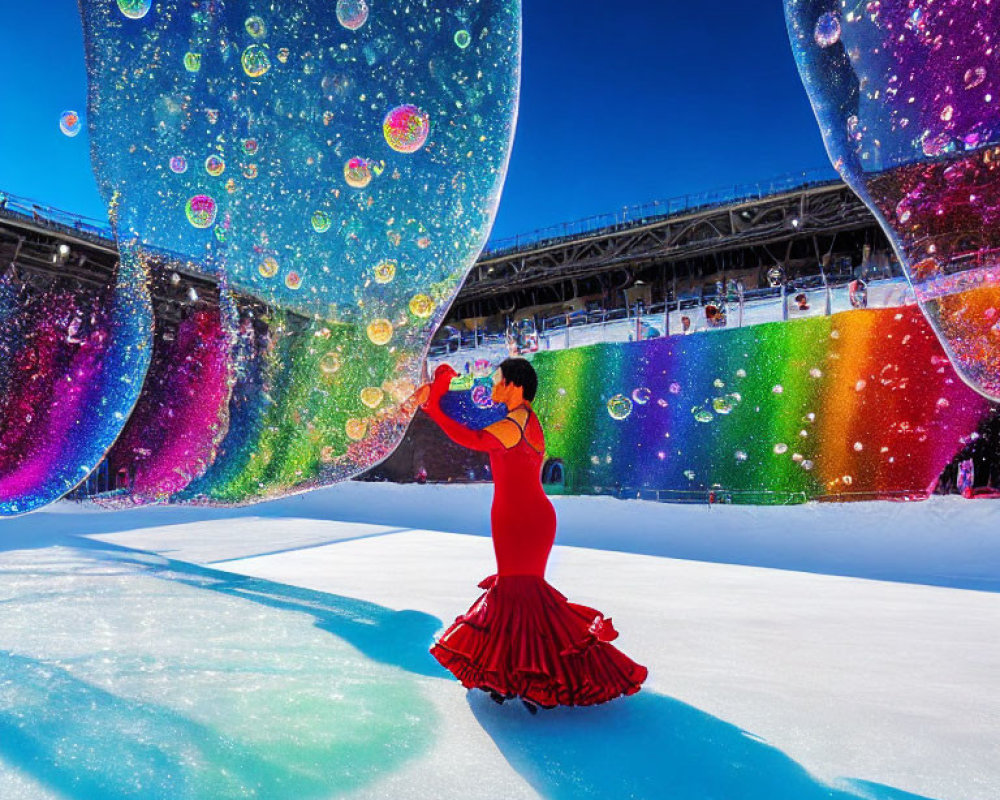 Flamenco dancer in red dress performs on ice with giant bubbles