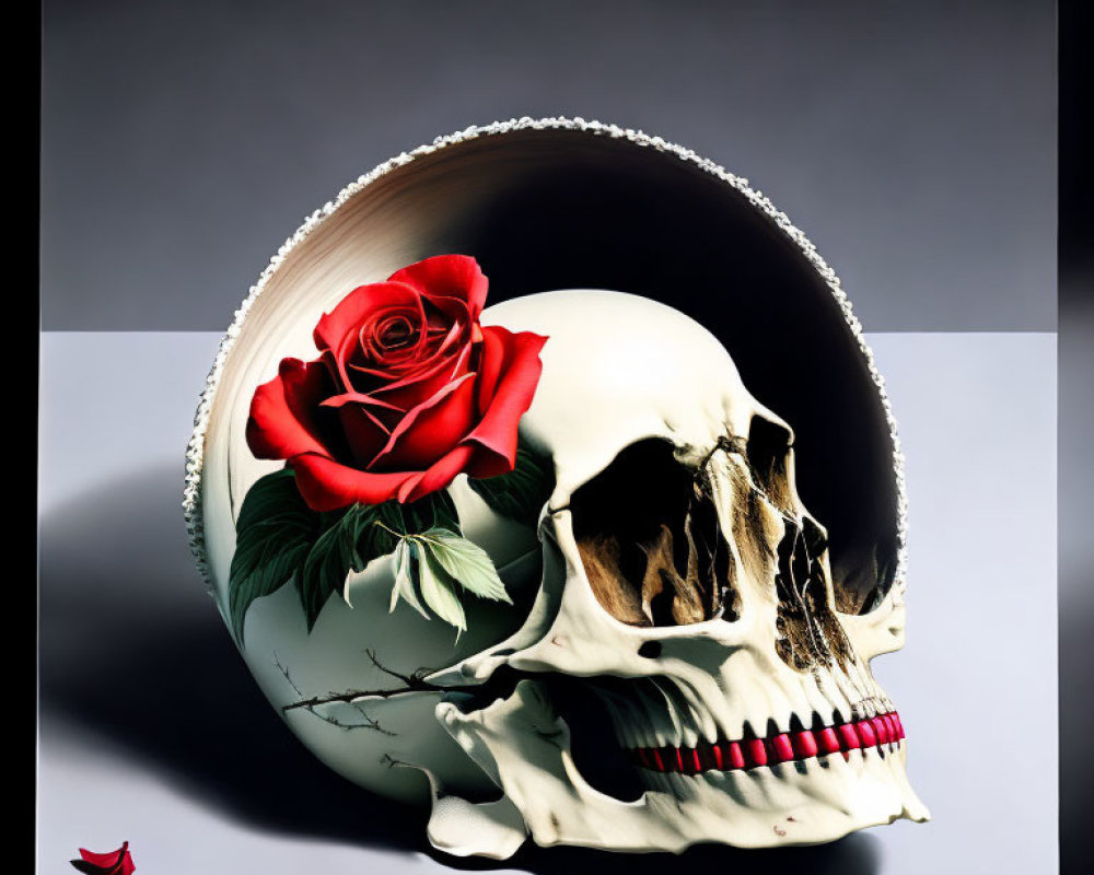 Skull with red rose and leaves on surface with petals