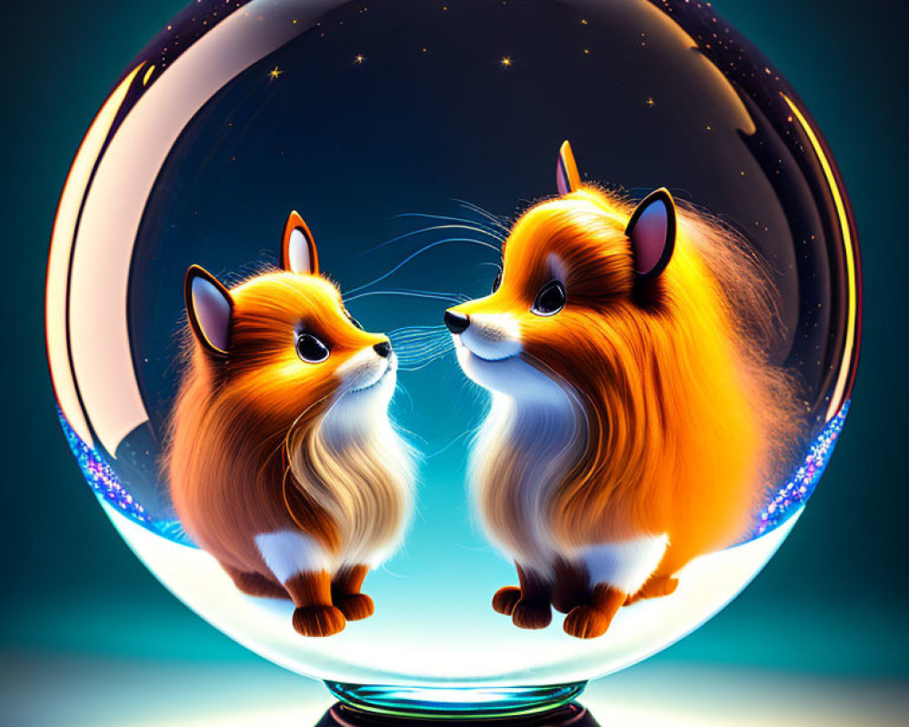 Stylized fluffy cartoon foxes in crystal ball on teal backdrop