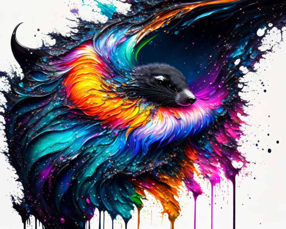 Colorful digital artwork of a skunk in vibrant swirls on ink background