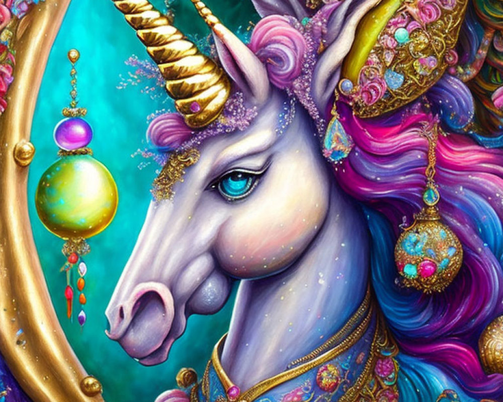 Vivid unicorn with golden horn and jewels in ornamental garb.