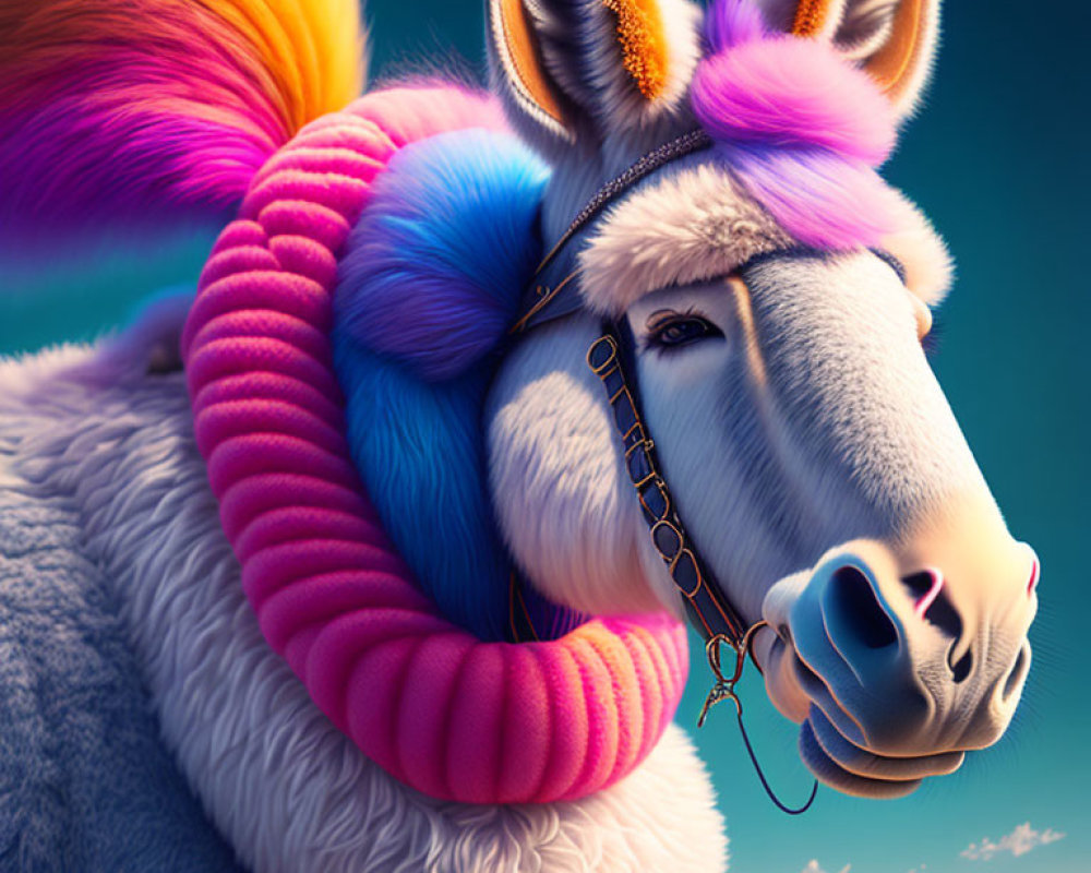 Colorful Stylized Donkey with Fluffy Mane and Pink Neckpiece in Mountain Setting