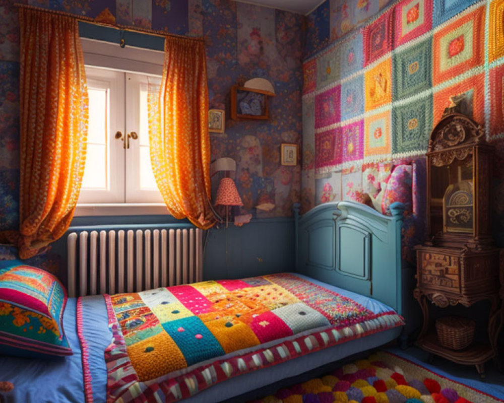 Colorful Bedroom with Patchwork Quilts & Floral Wallpaper