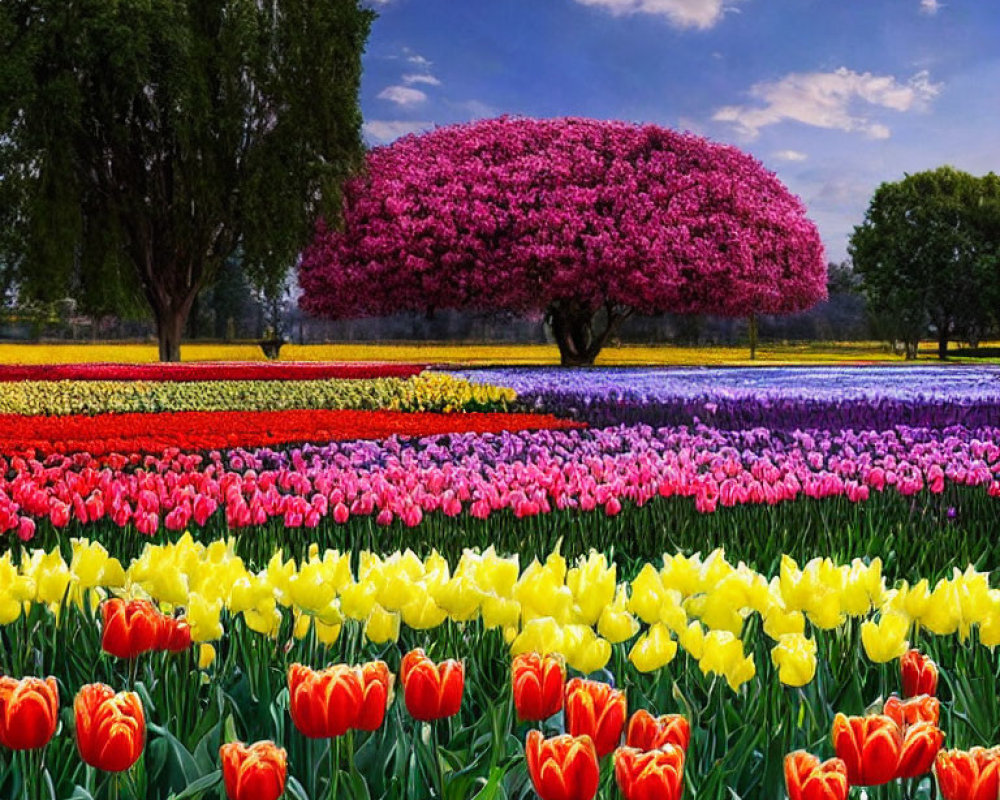 Colorful tulip fields and purple tree against blue sky with fluffy clouds