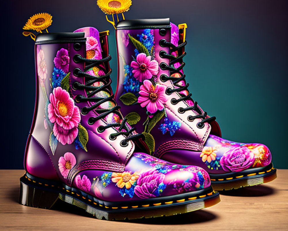 Colorful Floral Pattern Lace-Up Boots with Yellow Stitching on Dark Background