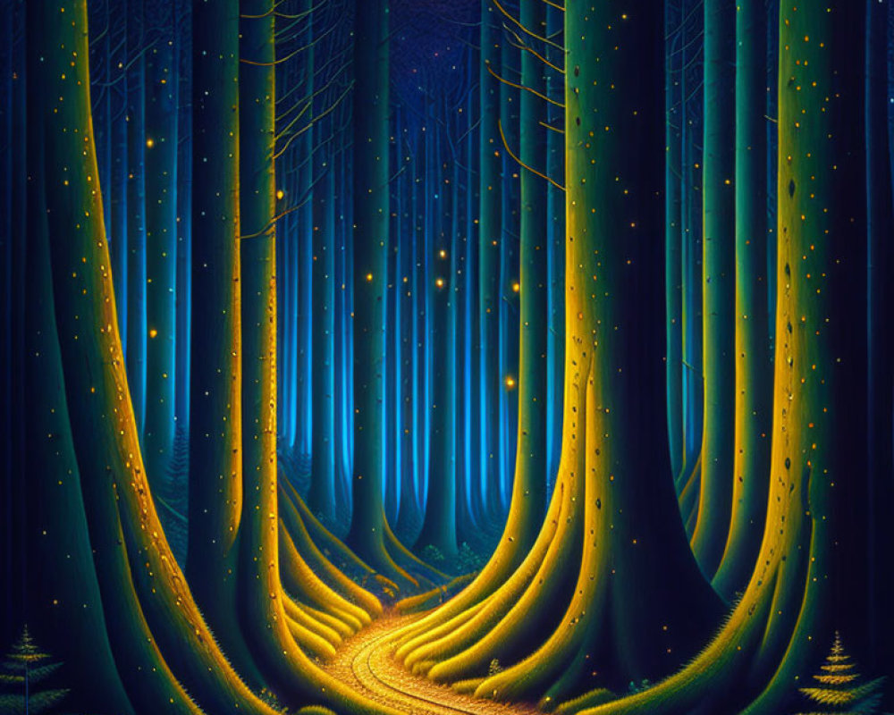 Enchanting night forest scene with firefly lights and mystical colors